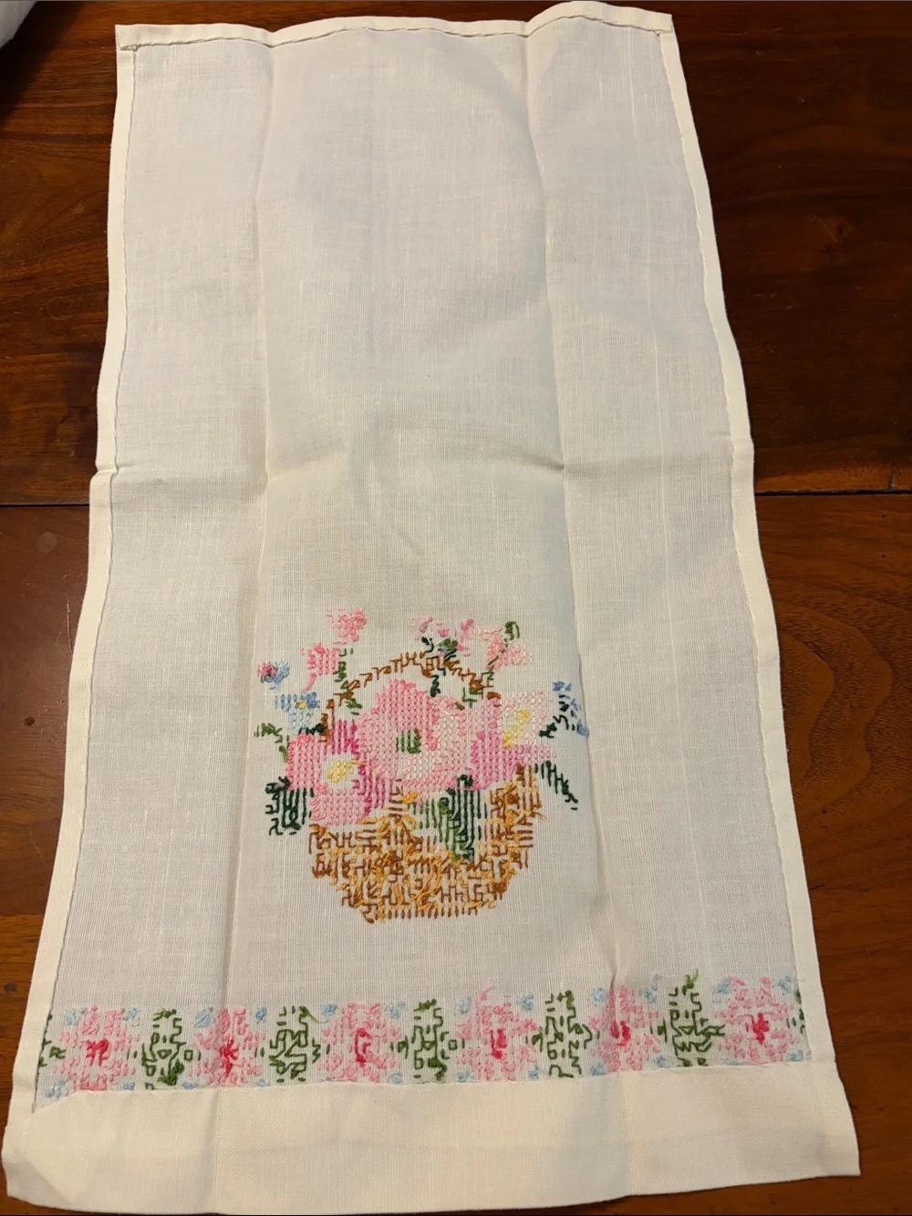 Vintage Linen Towels - Cross Stitch Flower Basket- Set/2 - Pink & Blue